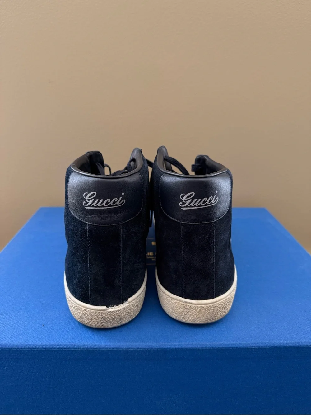 Gucci Blue Suede Web High-Top Sneakers with Red Accent